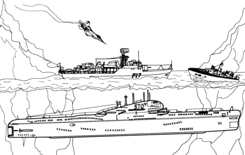 Submarine Vs Warships Coloring Page